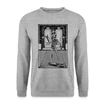 Skeleton with skateboard in front of brick masonry - Unisex Sweatshirt - salt & pepper - Front - Alina (178cm) & Michal (187cm)