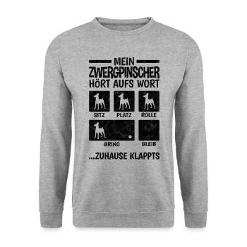 Zwergpinscher Zuhause klappts Pinscher - Unisex Pullover - Weißgrau meliert - Vorne - Alina (178cm) & Michal (187cm)