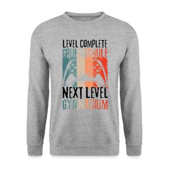 Level Complete Grundschule Einschulung Gymnasium - Unisex Pullover - Weißgrau meliert - Vorne - Alina (178cm) & Michal (187cm)