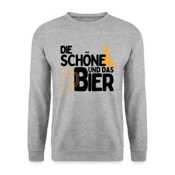 Die Schöne und das Bier Party Outfit zum Bier - Unisex Pullover - Weißgrau meliert - Vorne - Alina (178cm) & Michal (187cm)