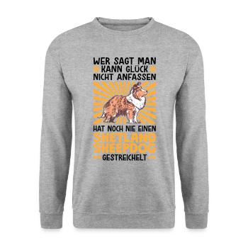 Einen Shetland Sheepdog streicheln Sheltie - Unisex Pullover - Weißgrau meliert - Vorne - Alina (178cm) & Michal (187cm)