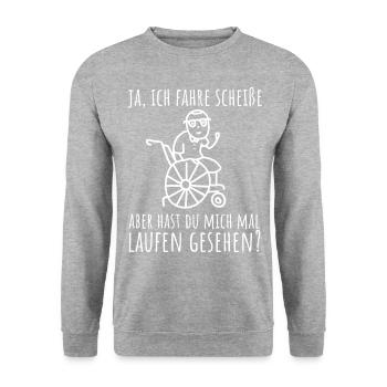 Rollstuhlfahrer Humor Spruch - Unisex Pullover - Weißgrau meliert - Vorne - Alina (178cm) & Michal (187cm)