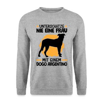 Unterschätze nie eine Frau mit Dogo Argentino - Unisex Pullover - Weißgrau meliert - Vorne - Alina (178cm) & Michal (187cm)