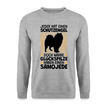 Samojede ist mein Schutzengel Schlittenhund - Unisex Pullover - Weißgrau meliert - Vorne - Alina (178cm) & Michal (187cm)