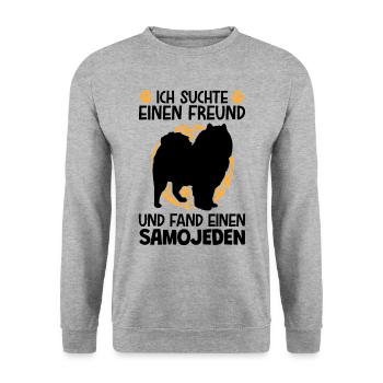 Suchte meinen Samojede Schlittenhund - Unisex Pullover - Weißgrau meliert - Vorne - Alina (178cm) & Michal (187cm)