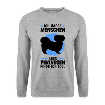 Pekinesen finde ich toll Peking-Palasthund - Unisex Pullover - Weißgrau meliert - Vorne - Alina (178cm) & Michal (187cm)