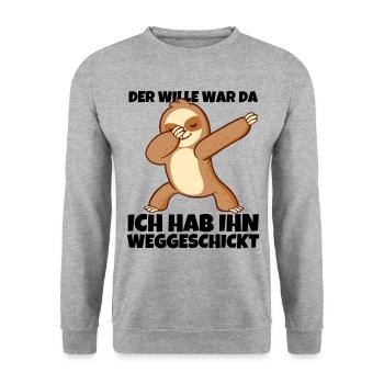 Dabbendes Faultier Spruch für Faulenzer - Unisex Pullover - Weißgrau meliert - Vorne - Alina (178cm) & Michal (187cm)