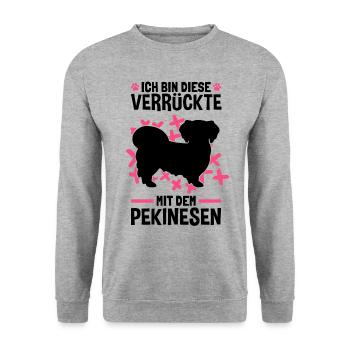 Verrückte mit Pekinese Peking-Palasthund - Unisex Pullover - Weißgrau meliert - Vorne - Alina (178cm) & Michal (187cm)