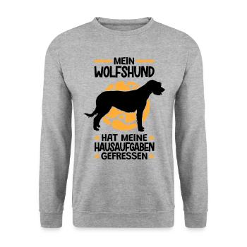 Irischer Wolfshund hat Hausaufgaben gefressen - Unisex Pullover - Weißgrau meliert - Vorne - Alina (178cm) & Michal (187cm)