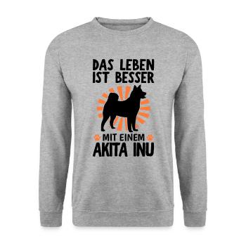 Leben ist besser mit Akita Inu japanischer Spitz - Unisex Pullover - Weißgrau meliert - Vorne - Alina (178cm) & Michal (187cm)