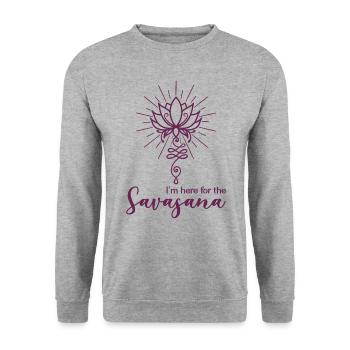 Yoga Unalome mit Lotusblüte Here For The Savasana - Unisex Pullover - Weißgrau meliert - Vorne - Alina (178cm) & Michal (187cm)