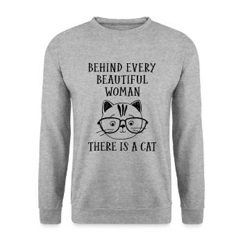 Behind Every Beautiful Woman There Is A Cat Cat Ow - Unisex Pullover - Weißgrau meliert - Vorne - Alina (178cm) & Michal (187cm)