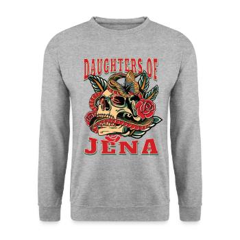 Jena Power-Frau daughters of Jena Retro Blumen - Unisex Pullover - Weißgrau meliert - Vorne - Alina (178cm) & Michal (187cm)
