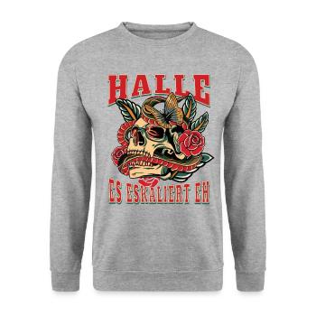 Halle Frau Geschenk es eskaliert eh Halle Frauen - Unisex Pullover - Weißgrau meliert - Vorne - Alina (178cm) & Michal (187cm)