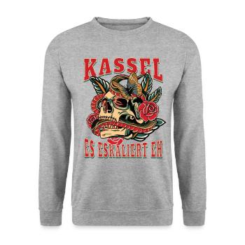 Kassel Frau Geschenk es eskaliert eh Kassel Frauen - Unisex Pullover - Weißgrau meliert - Vorne - Alina (178cm) & Michal (187cm)