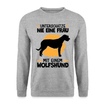 Unterschätze nie eine Frau mit Irischer Wolfshund - Unisex Pullover - Weißgrau meliert - Vorne - Alina (178cm) & Michal (187cm)