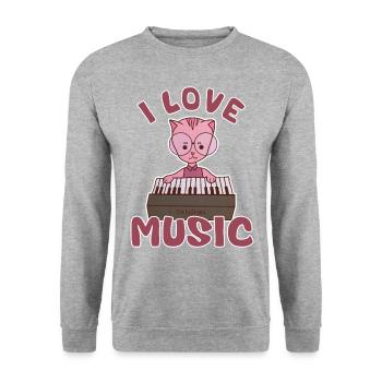 Ich liebe Musik - Katze spielt Piano - Unisex Pullover - Weißgrau meliert - Vorne - Alina (178cm) & Michal (187cm)