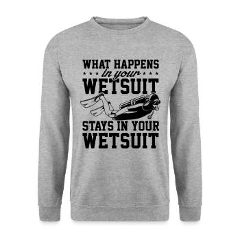 What Happens In Your Wetsuit Stays In Your Wetsuit - Unisex Pullover - Weißgrau meliert - Vorne - Alina (178cm) & Michal (187cm)