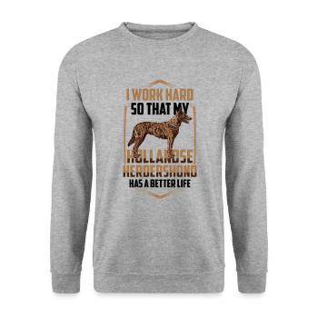 Arbeite hart für meinen Hollandse Herdershond - Unisex Pullover - Weißgrau meliert - Vorne - Alina (178cm) & Michal (187cm)