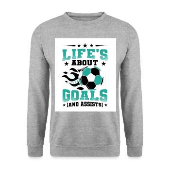 Life's About Goals And Assits Indoor Soccer Player - Unisex Pullover - Weißgrau meliert - Vorne - Alina (178cm) & Michal (187cm)
