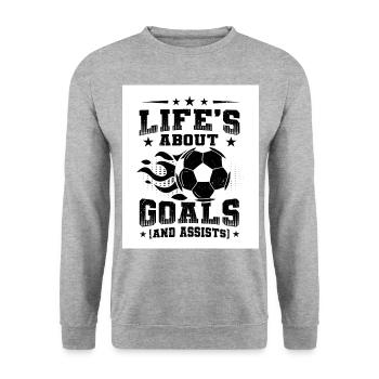 Life's About Goals And Assits Indoor Soccer Player - Unisex Pullover - Weißgrau meliert - Vorne - Alina (178cm) & Michal (187cm)