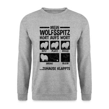 Wolfsspitz Hundetricks deutscher Spitz Keeshond - Unisex Pullover - Weißgrau meliert - Vorne - Alina (178cm) & Michal (187cm)