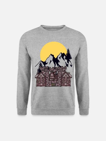 Mittelalter Burg Festung Ritter Mond Gebirge Berg - Unisex Pullover - Weißgrau meliert