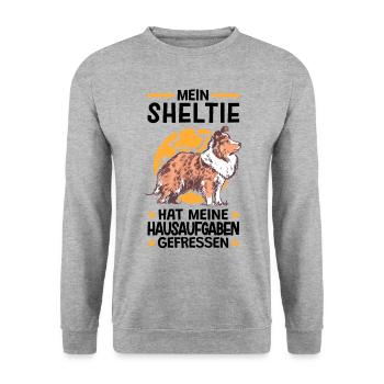 Shetland Sheepdog hat meine Hausaufgaben gefressen - Unisex Pullover - Weißgrau meliert - Vorne - Alina (178cm) & Michal (187cm)