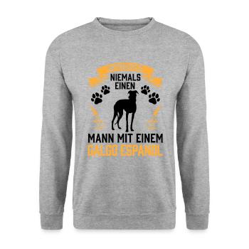Unterschätze nie einen Mann mit Galgo Espanol - Unisex Pullover - Weißgrau meliert - Vorne - Alina (178cm) & Michal (187cm)