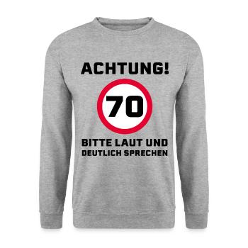 70 Jahre Spruch Glückwunsch Geburtstag - Unisex Pullover - Weißgrau meliert - Vorne - Alina (178cm) & Michal (187cm)