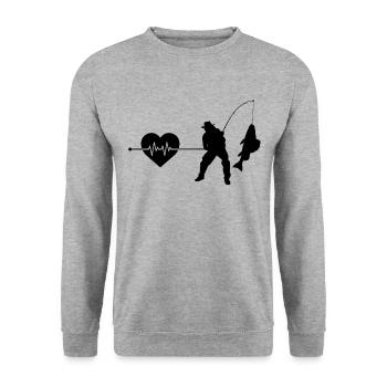 Angeln Herzschlag - Unisex Pullover - Weißgrau meliert - Vorne - Alina (178cm) & Michal (187cm)