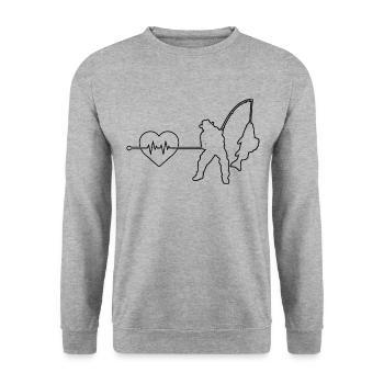 Angeln Herzschlag - Unisex Pullover - Weißgrau meliert - Vorne - Alina (178cm) & Michal (187cm)