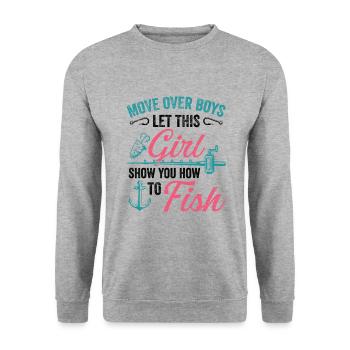 Fishing Girls Rod Fisher Fish Fisherman Fishing - Unisex Sweatshirt - salt & pepper - Front - Alina (178cm) & Michal (187cm)