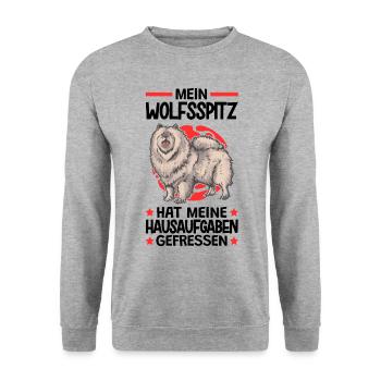Wolfsspitz Hausaufgaben deutscher Spitz Keeshond - Unisex Pullover - Weißgrau meliert - Vorne - Alina (178cm) & Michal (187cm)