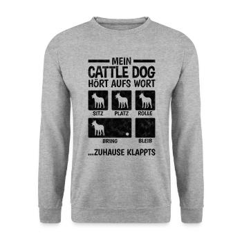 Australian Cattle Dog Zuhause klappts - Unisex Pullover - Weißgrau meliert - Vorne - Alina (178cm) & Michal (187cm)