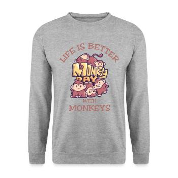 Singe disant que la vie est meilleure avec les singes - Sweat-shirt Unisexe - gris chiné - Devant - Alina (178cm) & Michal (187cm)