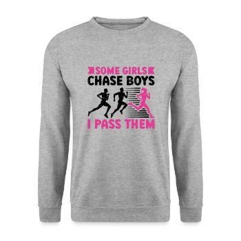 Some Girl Chase Boys Runner Running Girl Track Und - Unisex Pullover - Weißgrau meliert - Vorne - Alina (178cm) & Michal (187cm)