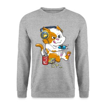 Funny Cat Gaming Cat Lover Kawaii Videospiele - Unisex Pullover - Weißgrau meliert - Vorne - Alina (178cm) & Michal (187cm)