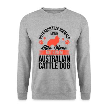 Alter Mann mit Australian Cattle Dog Treibhund - Unisex Pullover - Weißgrau meliert - Vorne - Alina (178cm) & Michal (187cm)