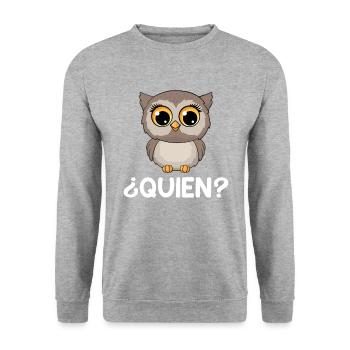 Quien? Who? Owl Funny Spanish Teacher - Unisex Pullover - Weißgrau meliert - Vorne - Alina (178cm) & Michal (187cm)