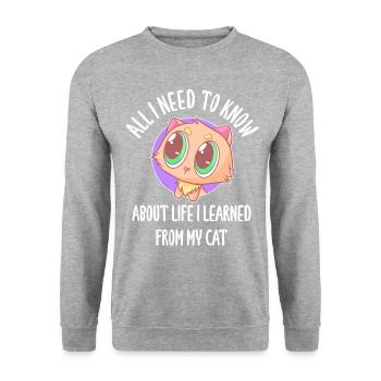 All I Need To Know About Life Cat - Unisex Pullover - Weißgrau meliert - Vorne - Alina (178cm) & Michal (187cm)