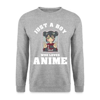 Just A Boy Who Loves Anime - Unisex Pullover - Weißgrau meliert - Vorne - Alina (178cm) & Michal (187cm)