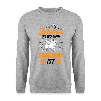 Zuhause ist wo mein Samojede ist Samojeden - Unisex Pullover - Weißgrau meliert - Vorne - Alina (178cm) & Michal (187cm)