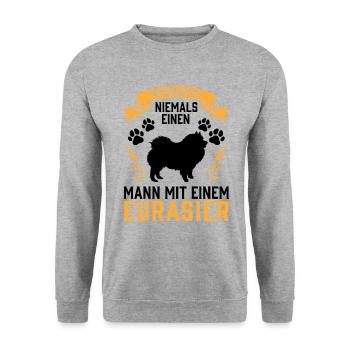 Mann mit Eurasier unterschätzen Eurasian Dog - Unisex Pullover - Weißgrau meliert - Vorne - Alina (178cm) & Michal (187cm)