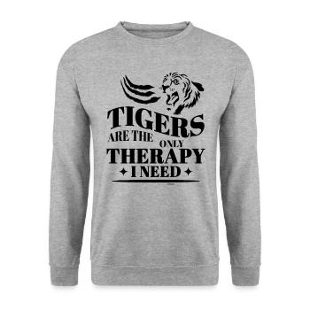Tiger Therapie cooler Spruch - Unisex Pullover - Weißgrau meliert - Vorne - Alina (178cm) & Michal (187cm)