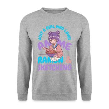 nur ein Mädchen das Anime Ramen und Skizzen liebt - Unisex Pullover - Weißgrau meliert - Vorne - Alina (178cm) & Michal (187cm)