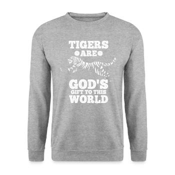 Tiger Geschenk für unsere Welt - Unisex Pullover - Weißgrau meliert - Vorne - Alina (178cm) & Michal (187cm)