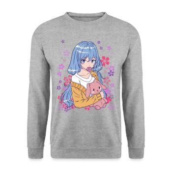 Anime Mädchen Manga Blumenwiese Geschenkidee - Unisex Pullover - Weißgrau meliert - Vorne - Alina (178cm) & Michal (187cm)