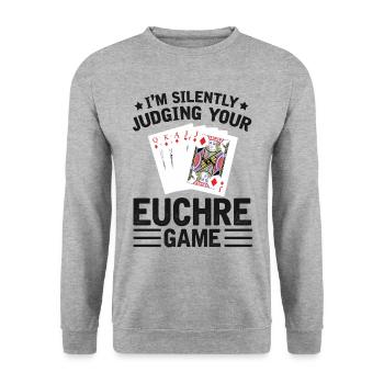 Beurteilen Sie Ihr Euchre-spiel - - Unisex Pullover - Weißgrau meliert - Vorne - Alina (178cm) & Michal (187cm)