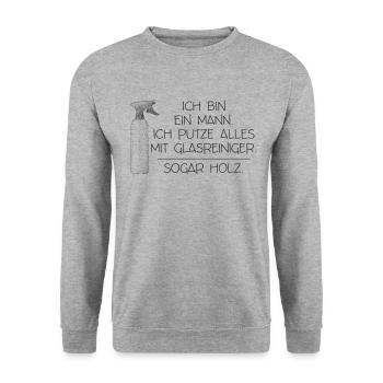 Ich bin ein Mann. Ich putze alles mit Glasreiniger - Unisex Pullover - Weißgrau meliert - Vorne - Alina (178cm) & Michal (187cm)